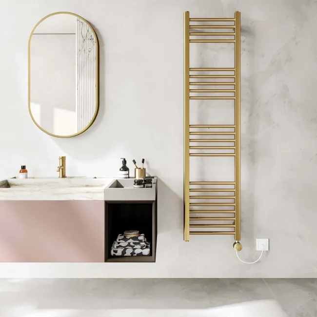 Barcelona Electric Brushed Brass Straight Heated Towel Rail 1600x400mm