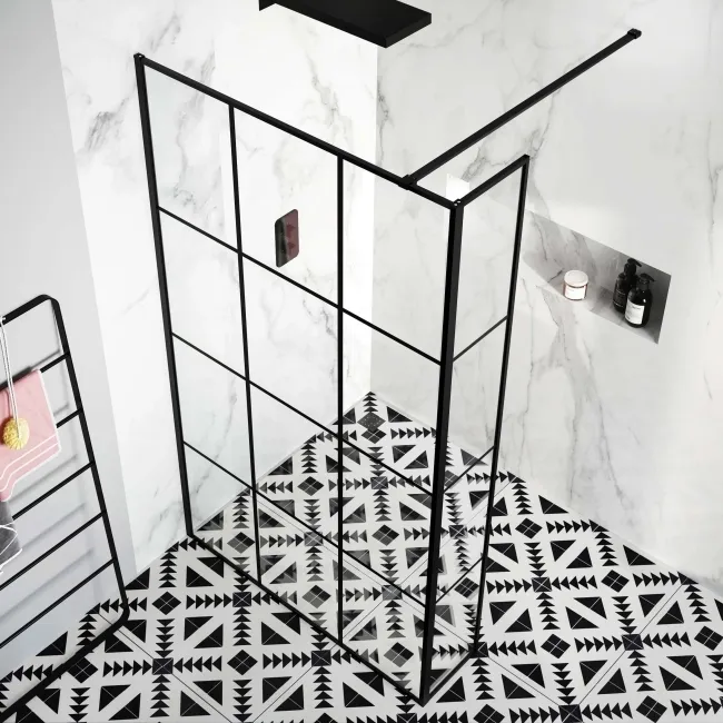 Munich Matt Black Grid 8mm Wet Room Shower Glass 1200mm & 250mm Return Panel