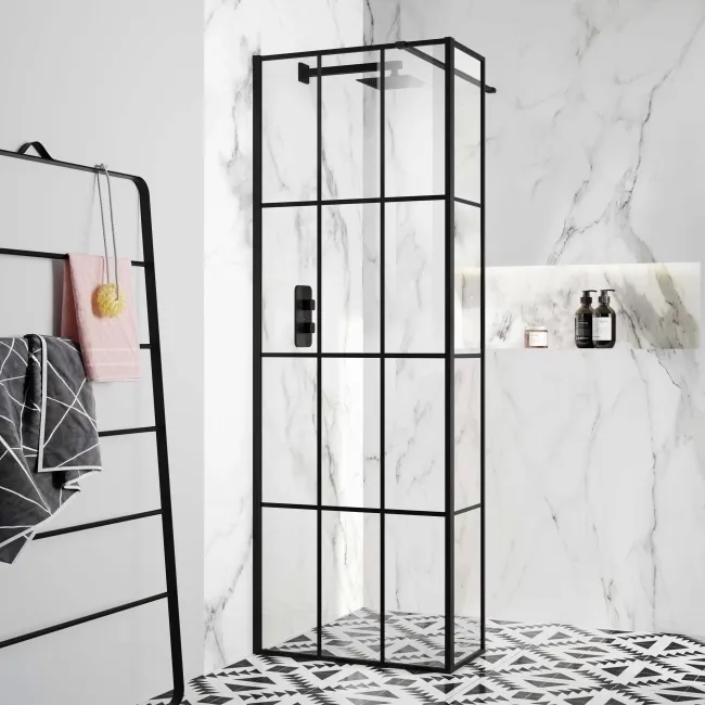 Munich Matt Black Grid 8mm Wet Room Shower Glass 700mm & 250mm Return Panel