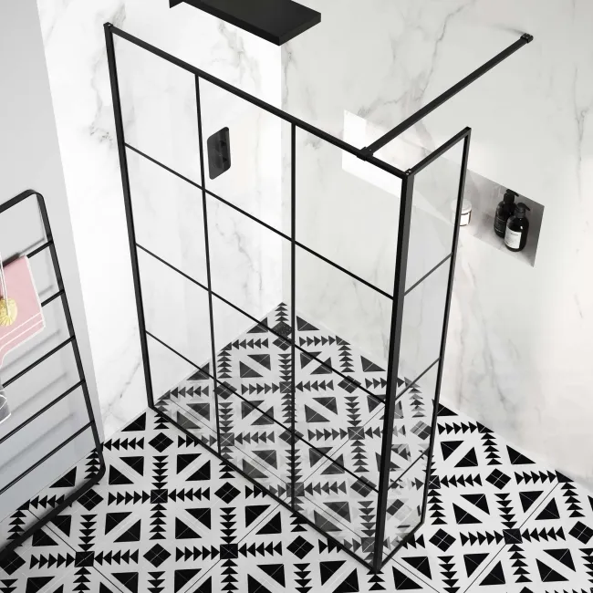 Munich Matt Black Grid 8mm Wet Room Shower Glass 1400mm & 250mm Return Panel