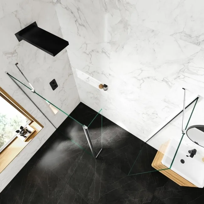 Copenhagen Easy Clean 8mm Walk In Shower Enclosure 1100mm & 700mm Glass with Pivotal Return Panel