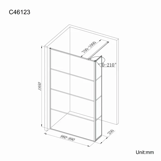 Munich Matt Black Grid 8mm Wet Room Shower Glass 1000mm & 250mm Pivotal Return Panel