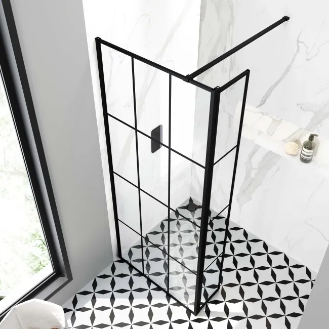 Munich Matt Black Grid 8mm Wet Room Shower Glass 800mm & 250mm Pivotal Return Panel