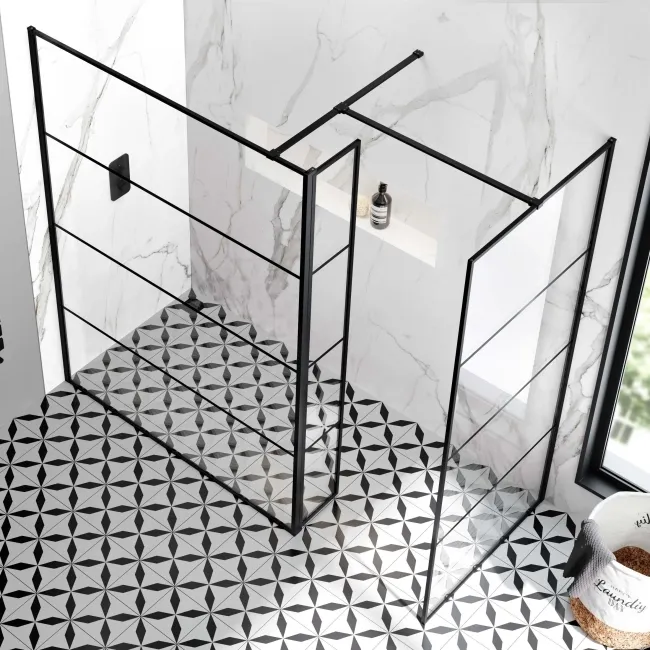 Munich Matt Black Grid 8mm Walk In Shower Enclosure 1400mm & 900mm Glass with Pivotal Return Panel