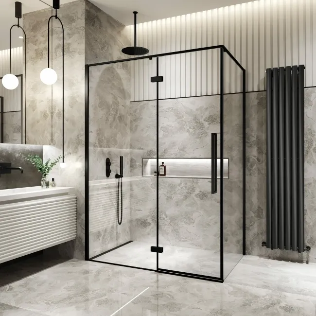 Helsinki Matt Black Premium Easy Clean 8mm Hinged Shower Enclosure 1400x900mm