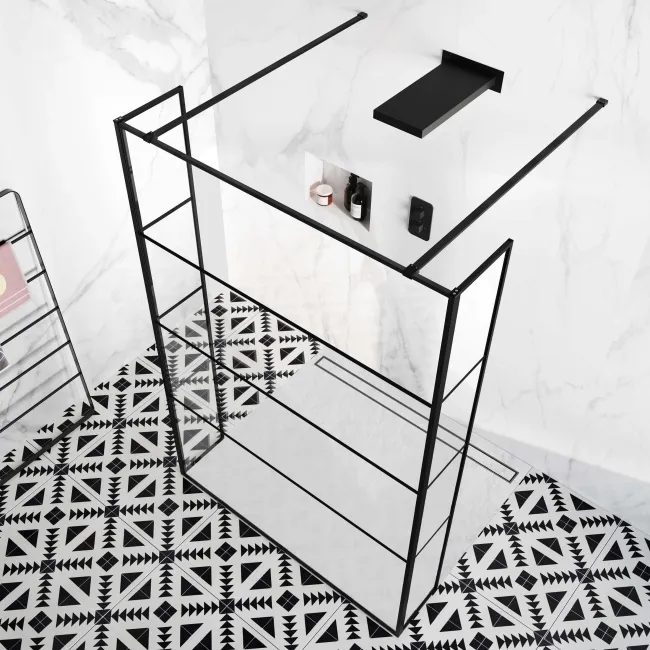 Munich Matt Black Grid 8mm Walk Through Wet Room Shower Glass Panel 1400mm & 250mm Return Panel