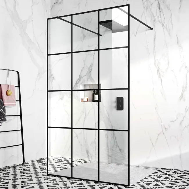 Munich Matt Black Grid 8mm Walk Through Wet Room Shower Glass Panel 1200mm