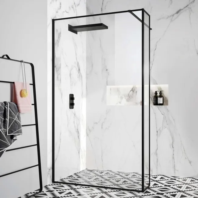 Munich Matt Black Framed 8mm Wet Room Shower Glass 1200mm & 250mm Return Panel