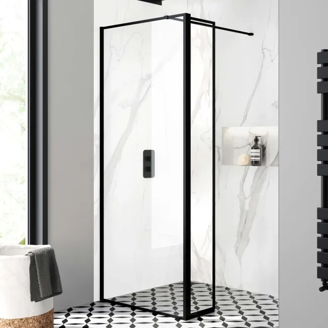 Munich Matt Black Framed 8mm Wet Room Shower Glass 800mm & 250mm Pivotal Return Panel