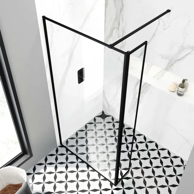 Munich Matt Black Framed 8mm Wet Room Shower Glass 900mm & 250mm Pivotal Return Panel