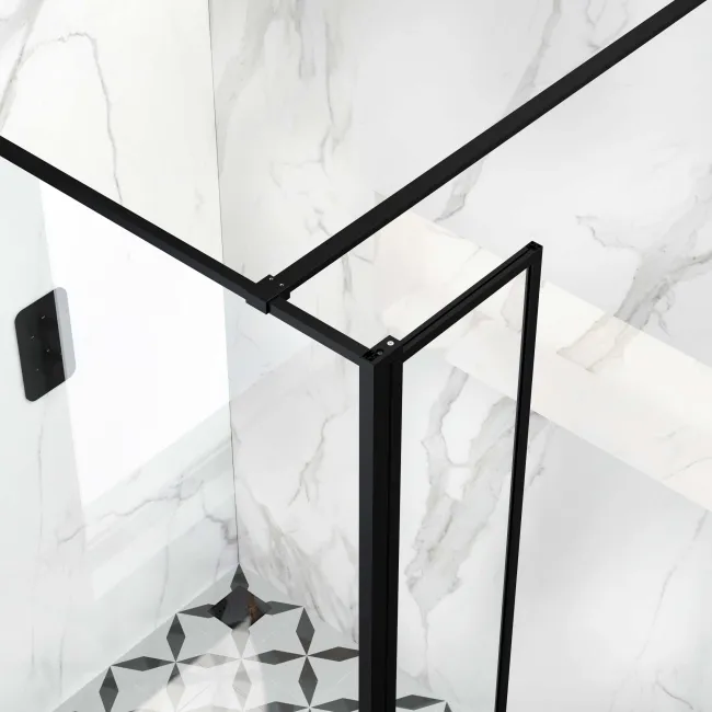 Munich Matt Black Framed 8mm Wet Room Shower Glass 1200mm & 250mm Pivotal Return Panel