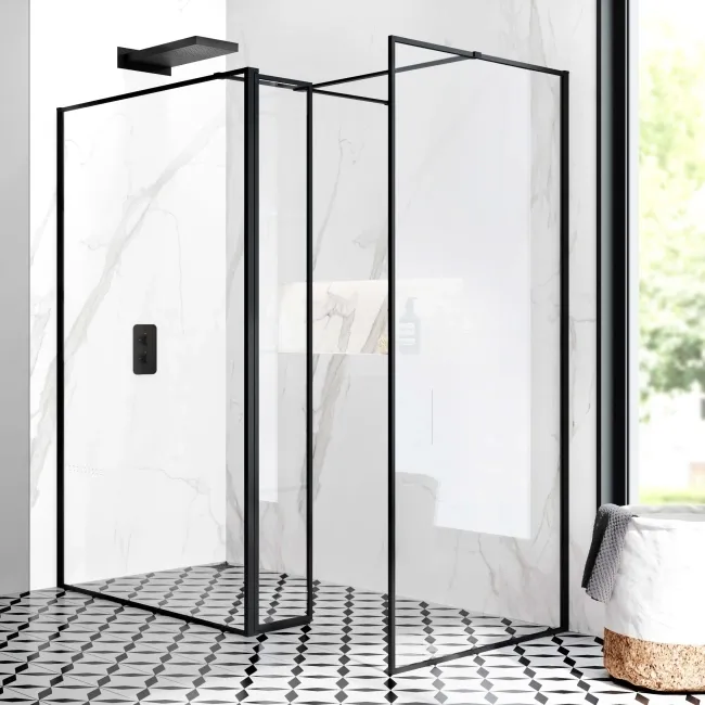 Munich Matt Black Framed 8mm Walk In Shower Enclosure 1200mm & 900mm Glass with Pivotal Return Panel