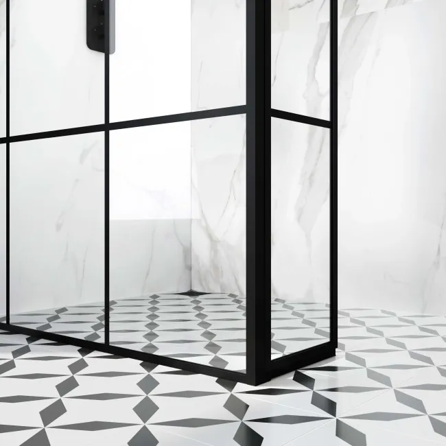 Munich Matt Black Grid 8mm Wet Room Shower Glass 1100mm & 250mm Pivotal Return Panel