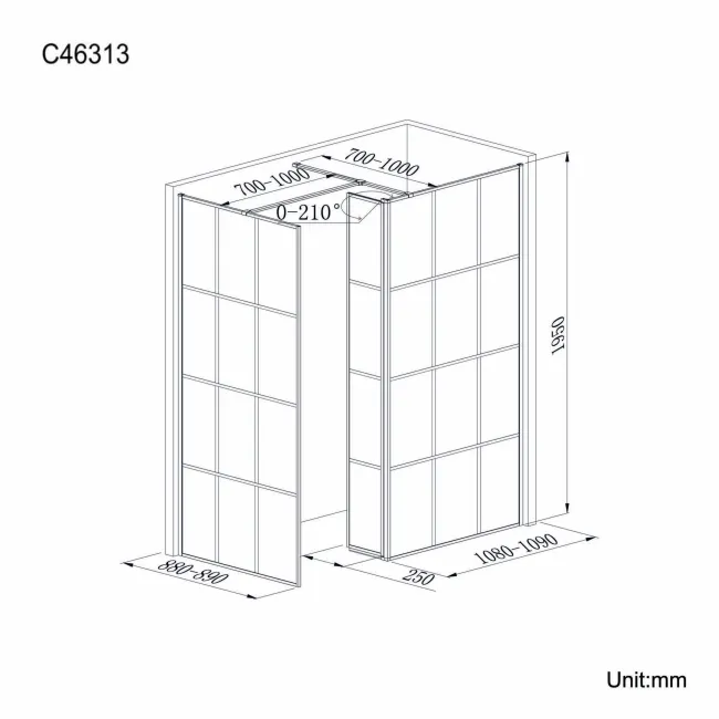 Munich Matt Black Grid 8mm Walk In Shower Enclosure 1100mm & 900mm Glass with Pivotal Return Panel