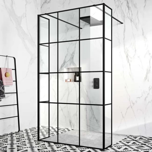 Munich Matt Black Grid 8mm Walk Through Wet Room Shower Glass Panel 1100mm & 250mm Return Panel