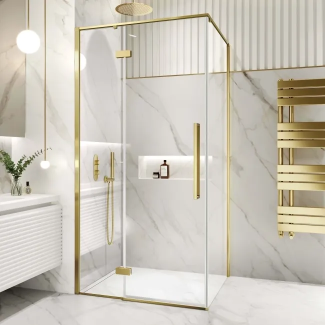 Helsinki Brushed Brass Premium Easy Clean 8mm Hinged Shower Enclosure 1100x800mm