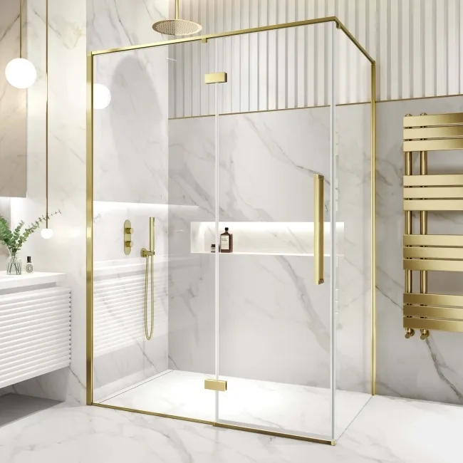 Helsinki Brushed Brass Premium Easy Clean 8mm Hinged Shower Enclosure 1400x800mm