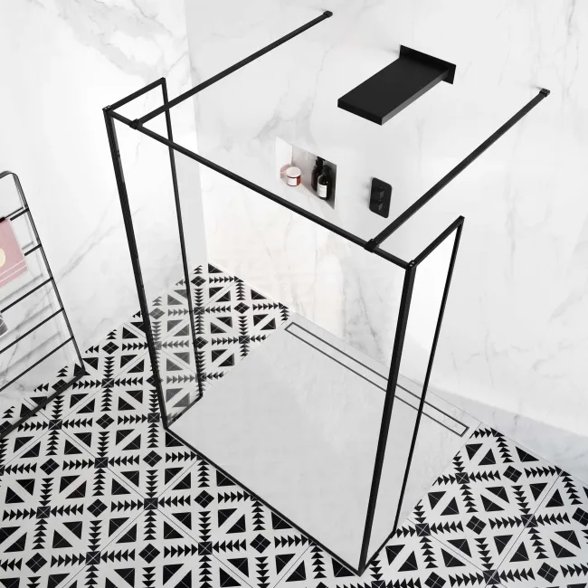 Munich Matt Black Framed 8mm Walk Through Wet Room Shower Glass Panel 1400mm & 250mm Return Panel