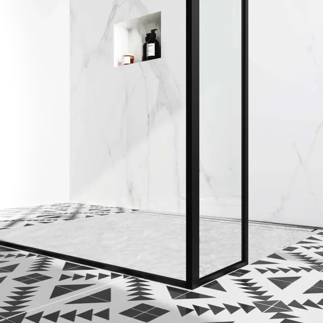 Munich Matt Black Framed 8mm Walk Through Wet Room Shower Glass Panel 1400mm & 250mm Return Panel