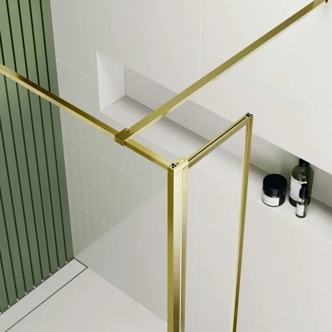 Munich Brushed Brass Framed 8mm Wet Room Shower Glass 800mm & 250mm Pivotal Return Panel
