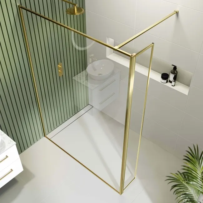 Munich Brushed Brass Framed 8mm Wet Room Shower Glass 1400mm & 250mm Pivotal Return Panel