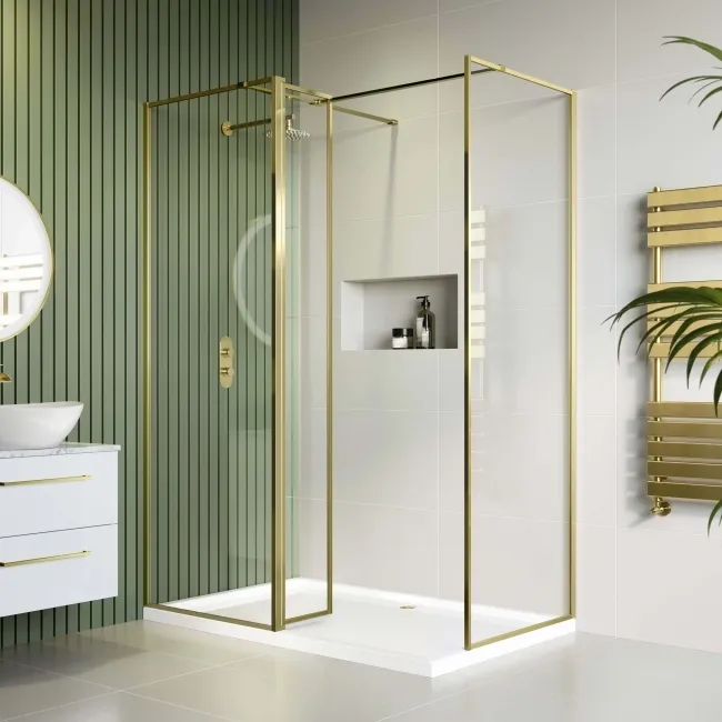 Munich Brushed Brass Framed 8mm Walk In Shower Enclosure 700mm & 800mm Glass with Return Panel