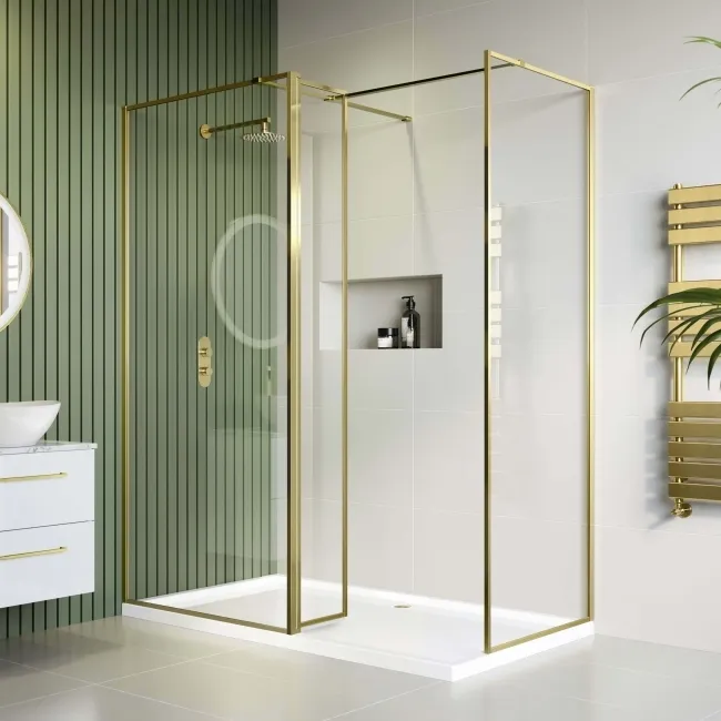 Munich Brushed Brass Framed 8mm Walk In Shower Enclosure 900mm & 800mm Glass with Return Panel
