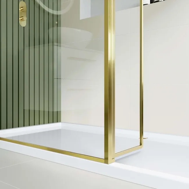 Munich Brushed Brass Framed 8mm Walk In Shower Enclosure 1000mm & 700mm Glass with Return Panel