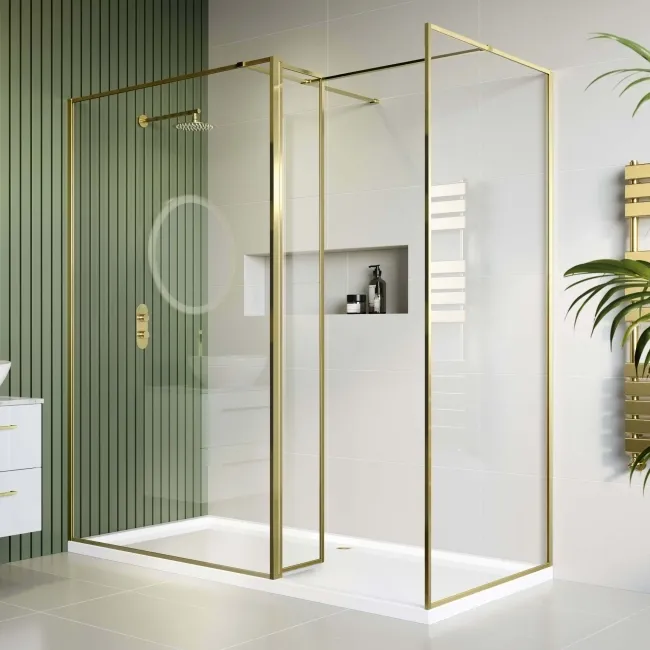 Munich Brushed Brass Framed 8mm Walk In Shower Enclosure 1200mm & 900mm Glass with Return Panel