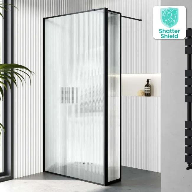 Munich Fluted Effect Matt Black Framed 8mm Wet Room Shower Glass 900mm & 250mm Pivotal Return Panel