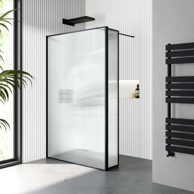 Munich Fluted Effect Matt Black Framed 8mm Wet Room Shower Glass 1100mm & 250mm Pivotal Return Panel