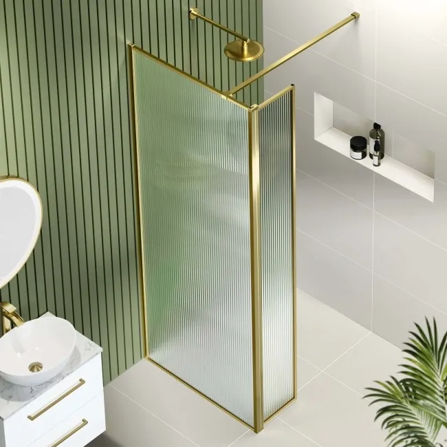 Munich Fluted Effect Brushed Brass 8mm Wet Room Shower Glass 800mm & 250mm Pivotal Return Panel