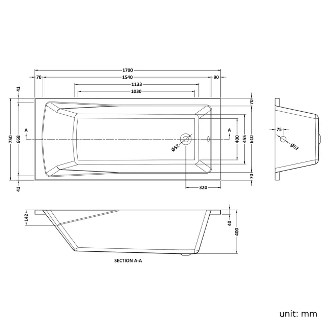 Hereford 1700x750 Square Single Ended Bath