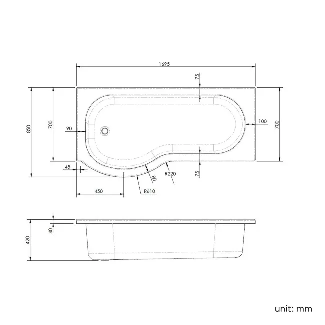 P Shaped 1700 Shower Bath - Left Handed