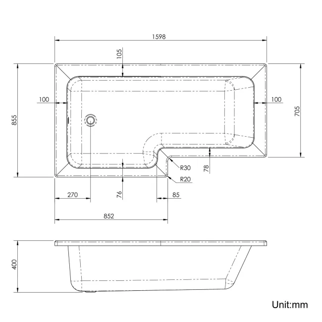 L Shaped 1600 Shower Bath - Left Handed