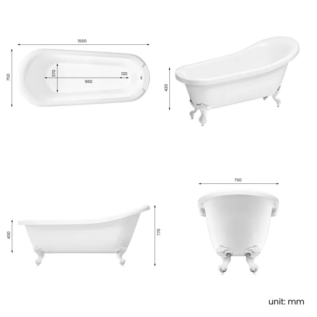 Highbury 1550mm Roll Top Slipper Bath - White Ball Feet