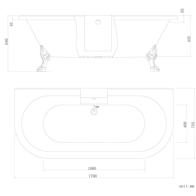 Harrow 1700mm Back To Wall Roll Top Bath - Chrome Claw Feet