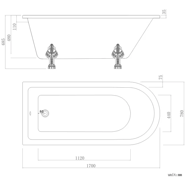Abingdon 1700mm Roll Top Shower Bath - Chrome Claw Feet & 6mm Easy Clean Screen With Rail