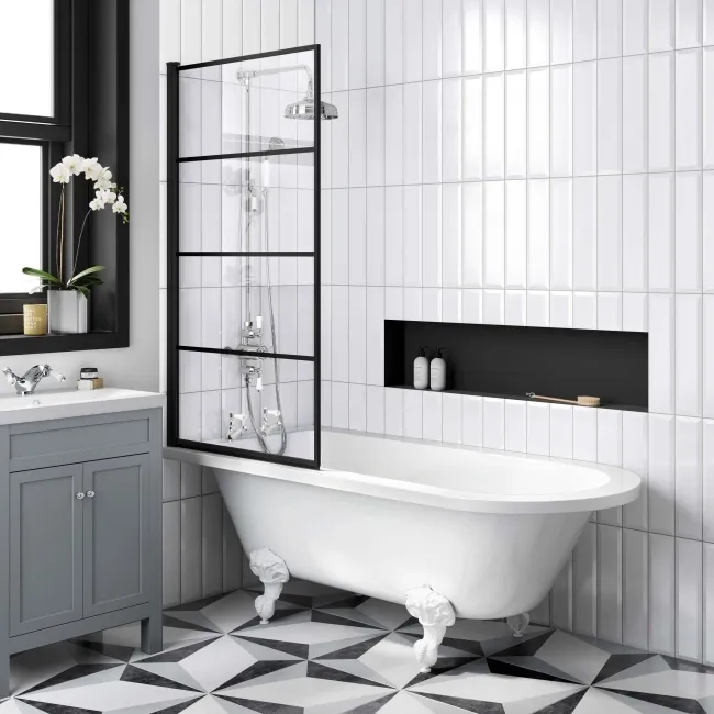 Abingdon 1700 Roll Top Shower Bath - White Ball Feet & 6mm Easy Clean Matt Black Grid Screen