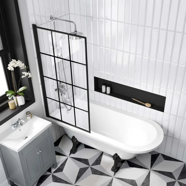 Abingdon 1700 Roll Top Shower Bath - Black Claw Feet & 6mm Easy Clean Matt Black Grid Screen