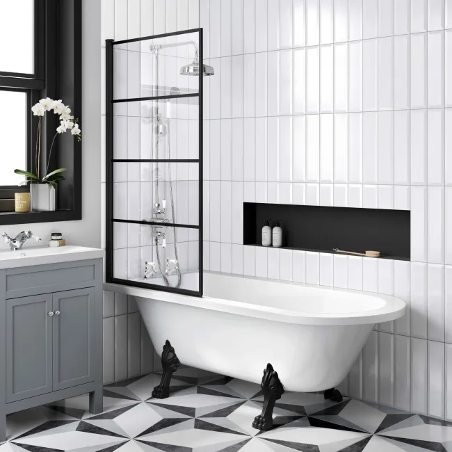 Abingdon 1700 Roll Top Shower Bath - Black Claw Feet & 6mm Easy Clean Matt Black Grid Screen