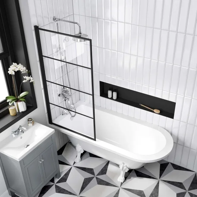 Abingdon 1700 Roll Top Shower Bath - White Claw Feet & 6mm Easy Clean Matt Black Grid Screen
