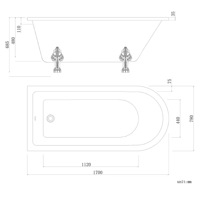 Abingdon 1700 Roll Top Shower Bath - White Claw Feet & 6mm Easy Clean Matt Black Framed Screen