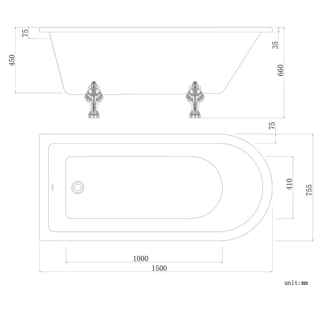 Abingdon 1500 Roll Top Shower Bath - Black Claw Feet & 6mm Easy Clean Matt Black Grid Screen