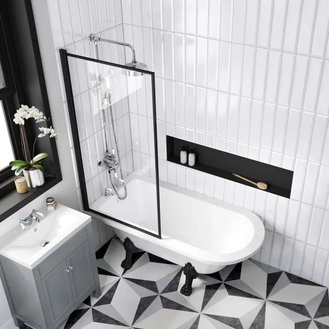 Abingdon 1500 Roll Top Shower Bath - Black Claw Feet & 6mm Easy Clean Matt Black Framed Screen