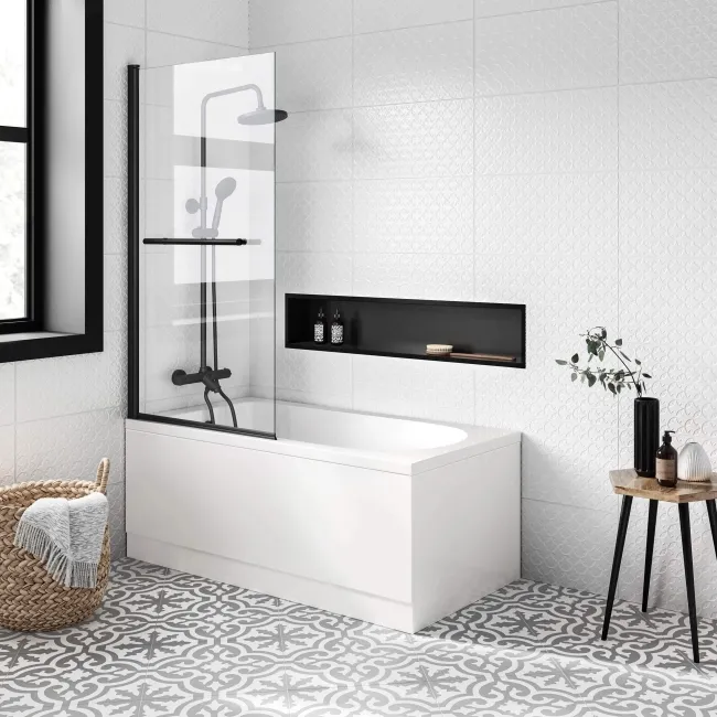 Stafford 1400x700 Shower Bath & 4mm Matt Black Screen with Rail