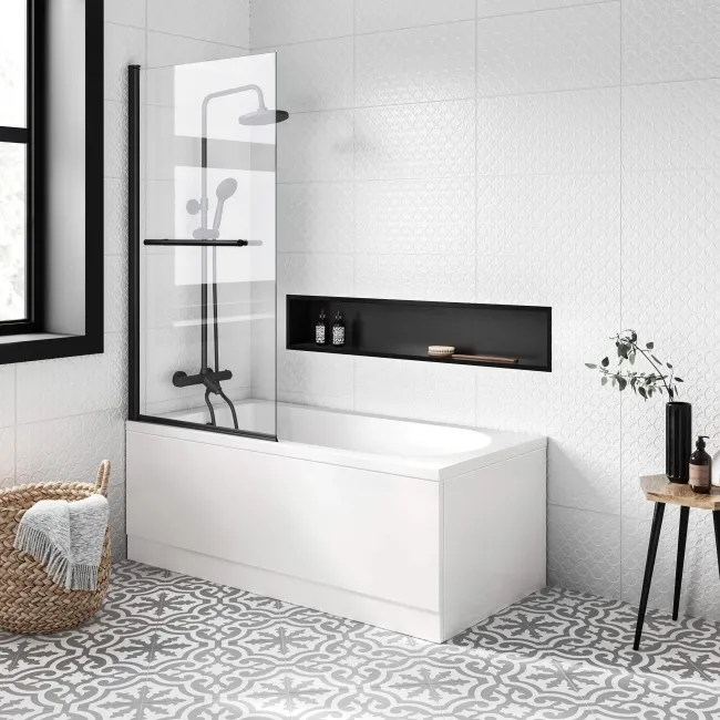 Stafford 1500x700 Shower Bath & 4mm Matt Black Screen with Rail