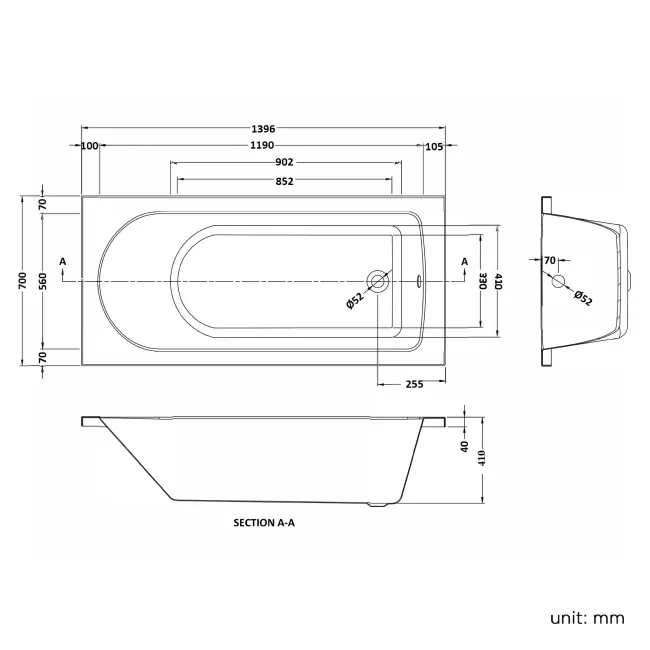 Stafford Round Shower Bath 1400x700 & 6mm Easy Clean Matt Black Grid Bath Screen
