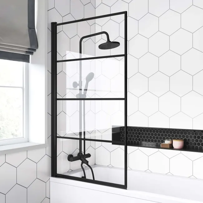 Stafford 1400x700 Round Shower Bath & 6mm Easy Clean Matt Black Grid Bath Screen