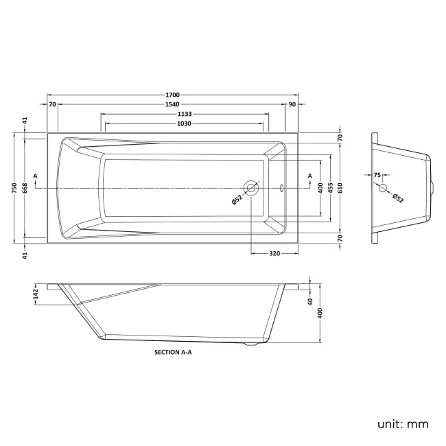 Hereford 1700x750 Square Shower Bath & 6mm Easy Clean Screen